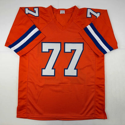 Autographed karl mecklenburg denver orange football custom jersey with white and blue 77 numerals for professional sports league