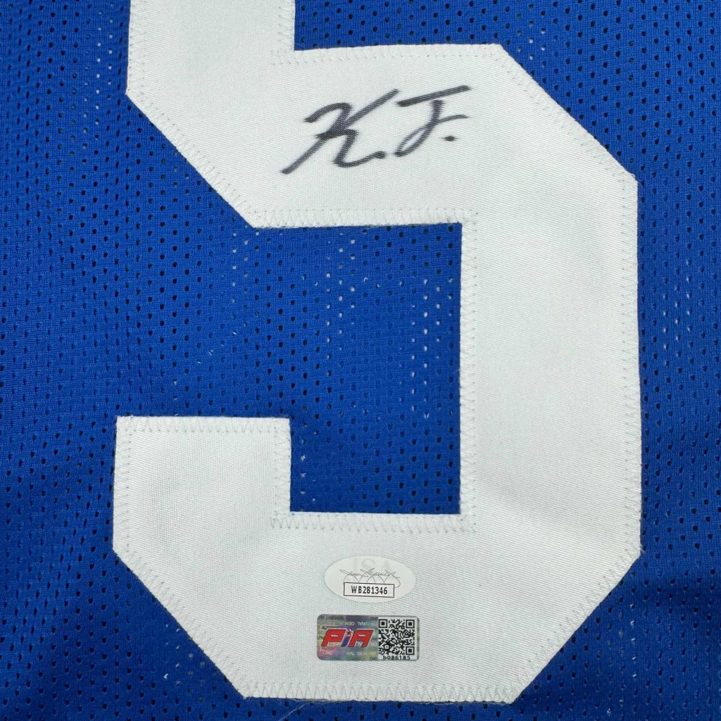 Blue mesh custom jersey with white number 3 and autograph signed by kayvon thibodeaux from professional sports league