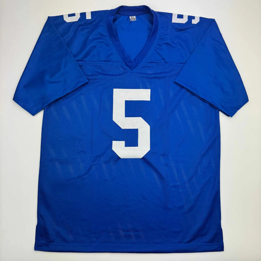 Blue mesh custom football jersey with white number 5 v neck collar signed by kayvon thibodeaux for professional sports league