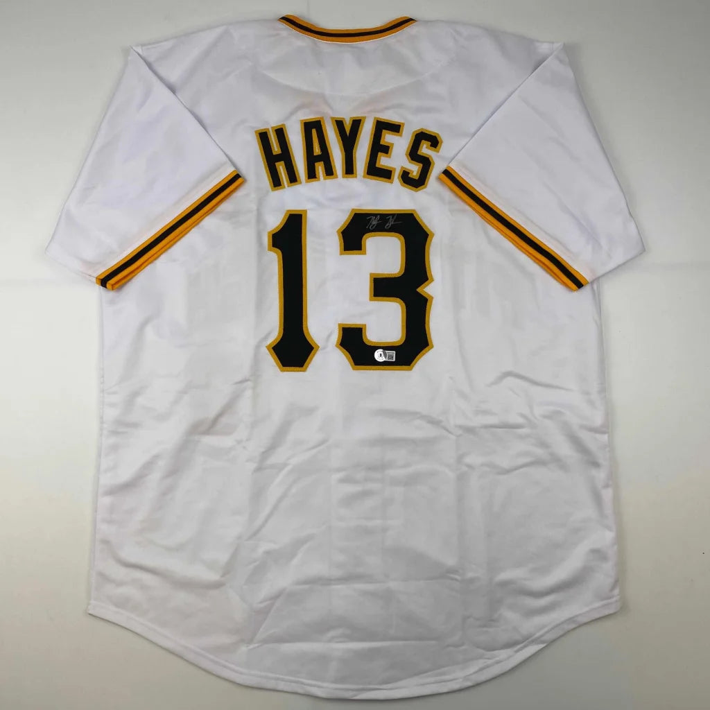 White professional sports custom jersey with HAYES 13 and black gold trim