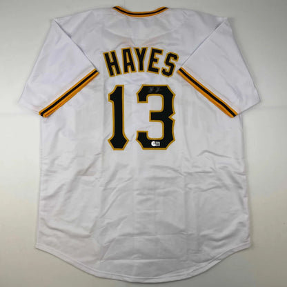 White professional sports custom jersey with HAYES 13 and black gold trim