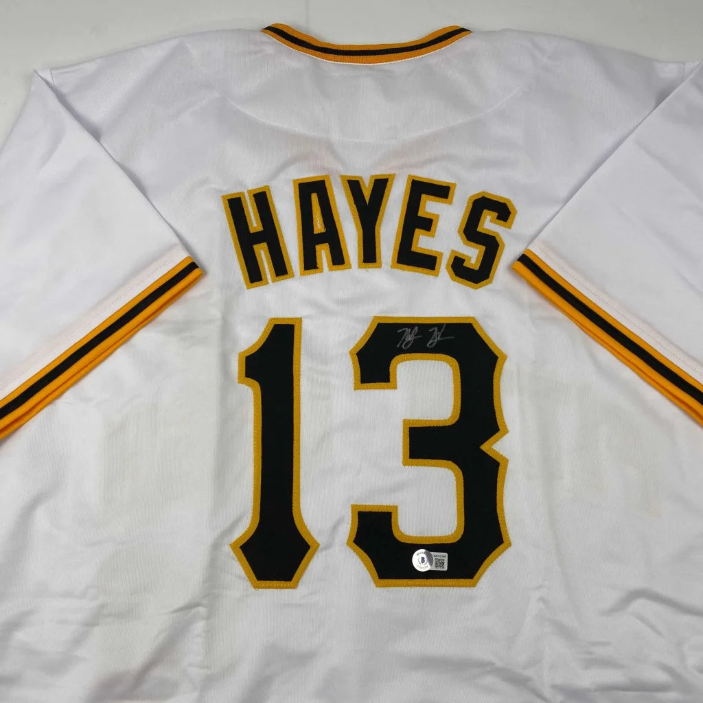 White professional sports jersey with HAYES 13 in black and gold for custom sports fans