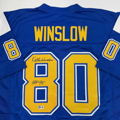 Autographed blue and gold Kellen Winslow professional sports custom jersey with number 80