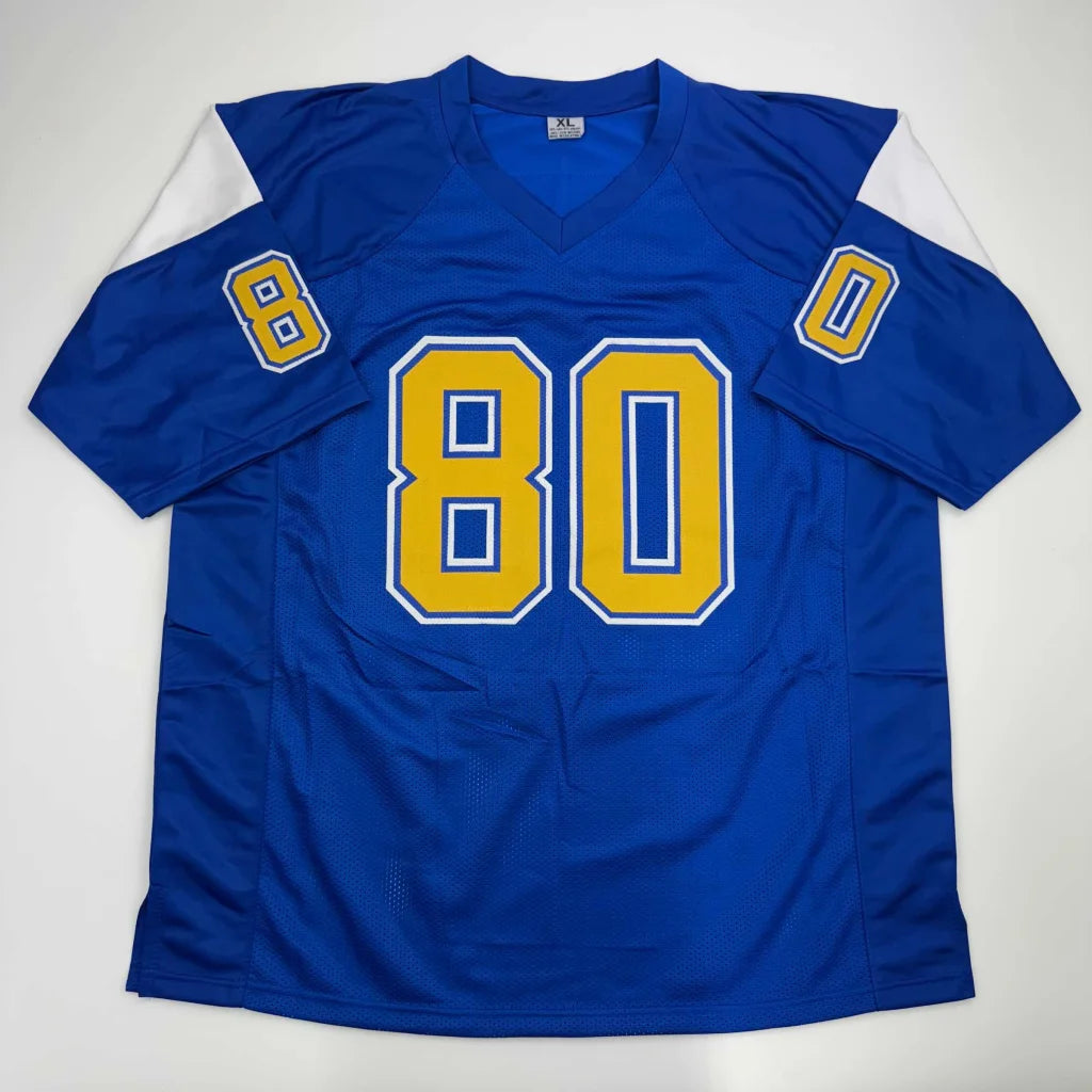 Blue and white short-sleeved football jersey with 80 in yellow for Kellen Winslow professional sports collectible