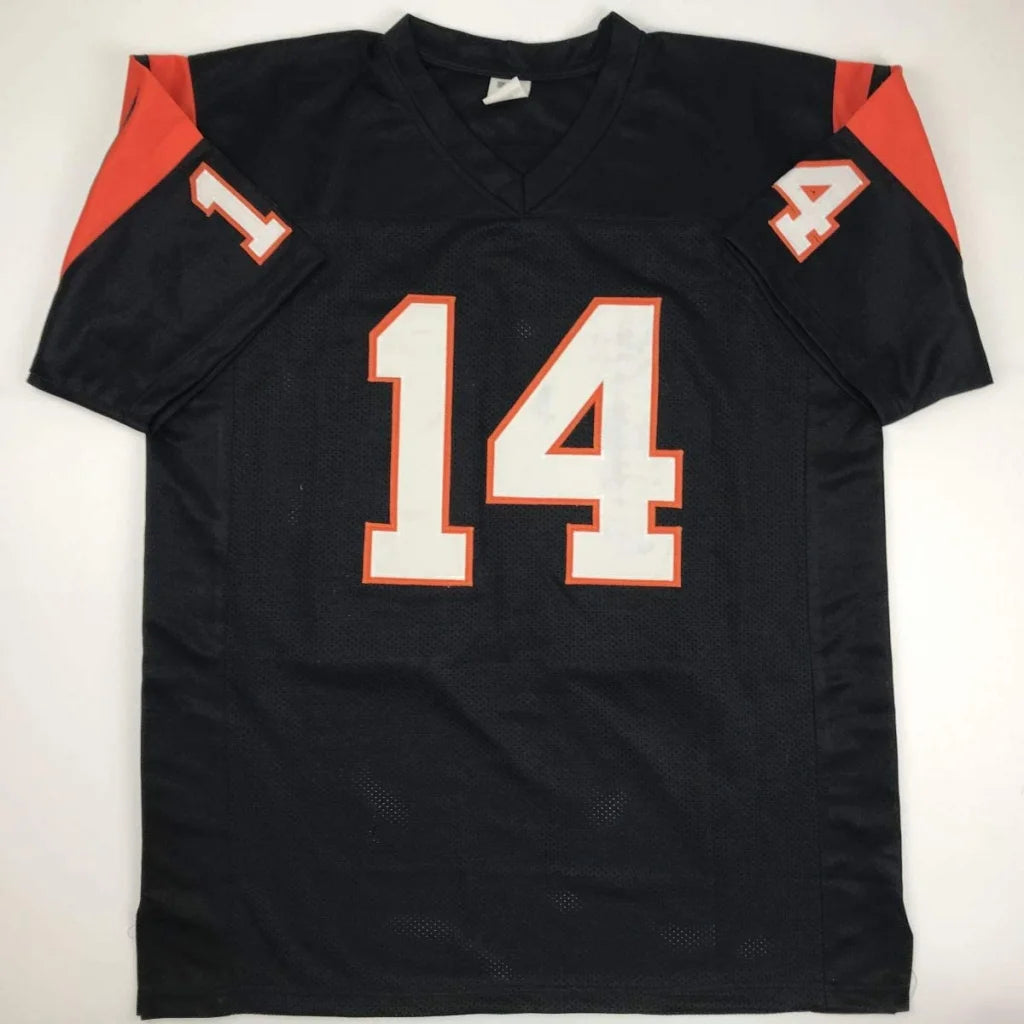 Black and orange striped custom jersey with number 14 from professional sports league