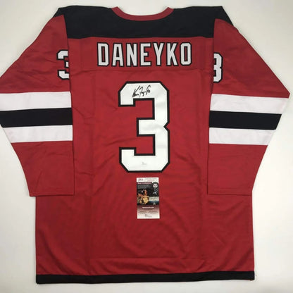 Autographed Ken Daneyko custom red Devils jersey back, number 3, JSA COA