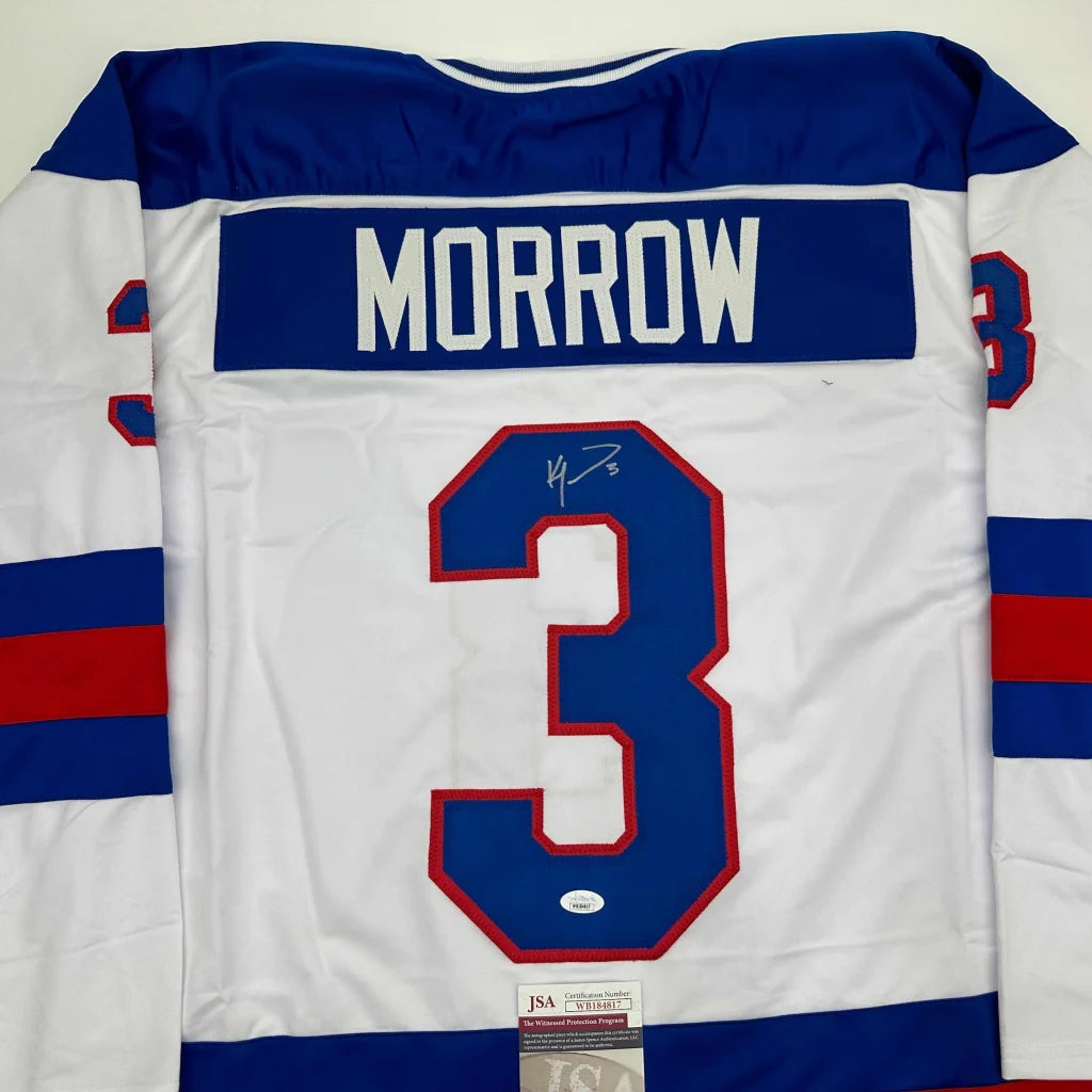 White long-sleeve hockey jersey with Morrow 3 in blue and red for professional sports fans