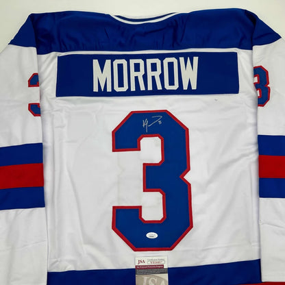 White long-sleeve hockey jersey with Morrow 3 in blue and red for professional sports fans
