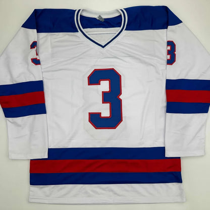 White Morrow #3 custom jersey with blue shoulders, stripes, and autographed for professional sports fans