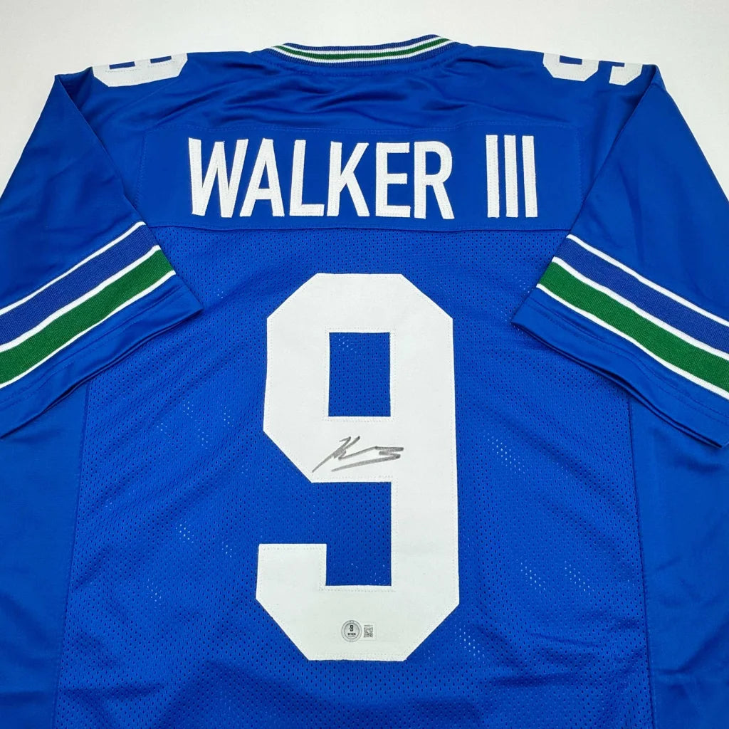 Blue Kenneth Walker Seattle retro jersey with signature and number 9 for fans