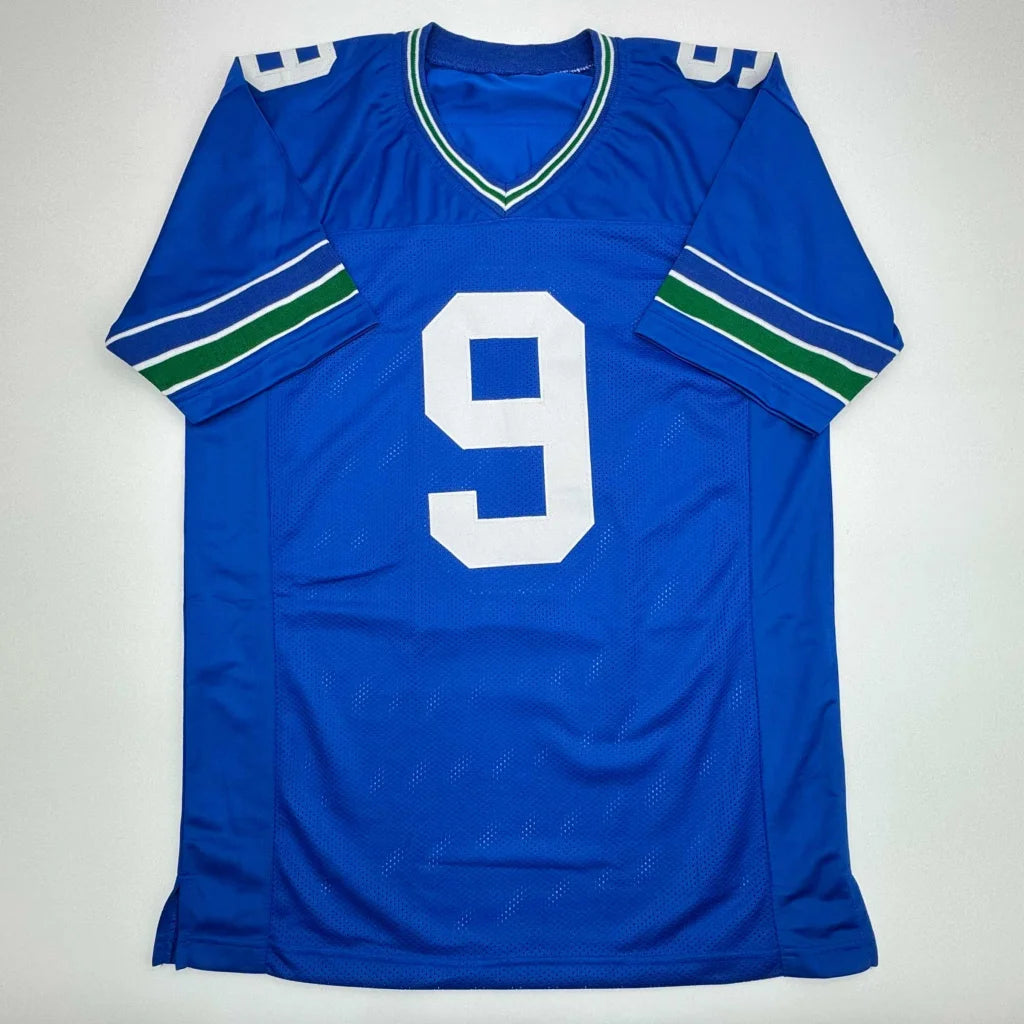 Blue Kenneth Walker Seattle retro jersey with white 9 and green and white stripes