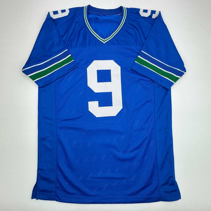 Blue Kenneth Walker Seattle retro jersey with white 9 and green and white stripes