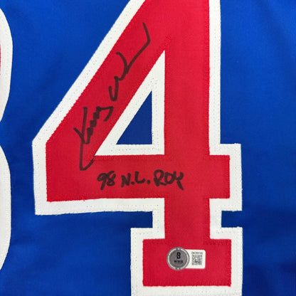 Blue custom jersey with red and white numbers, autographed 98 NL ROY for professional sports fans
