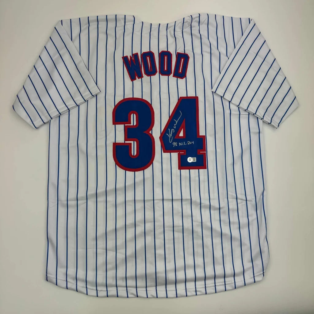 White pinstripe baseball jersey with blue and red numbers from the professional sports league collection
