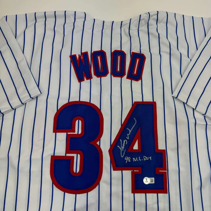Autographed Kerry Wood 98 ROY Chicago Pinstripe Baseball Jersey Beckett BAS COA | Certified Authentic Signed Memorabilia | vintageantiquesgifts.com