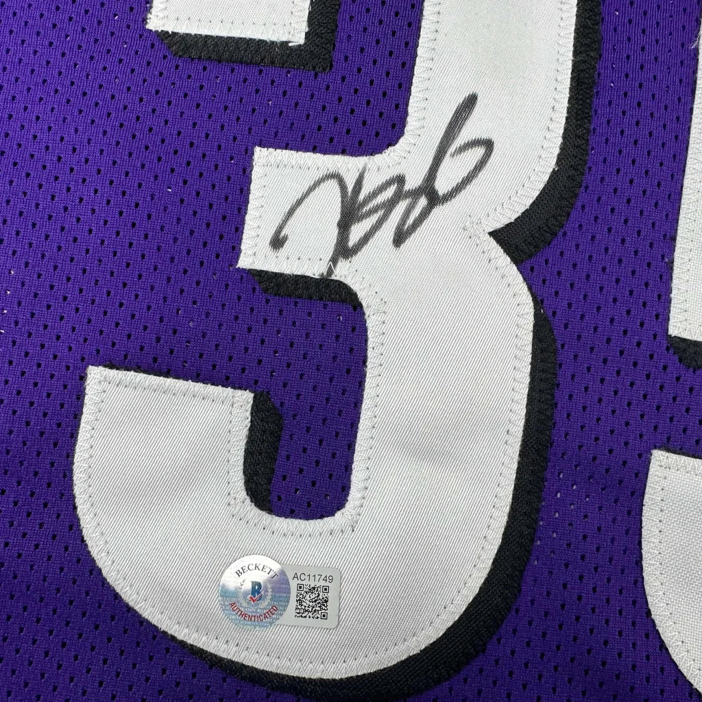 Purple basketball jersey with white and black number 3 and autograph for professional sports fans