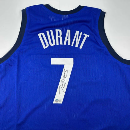 Blue professional sports jersey with Durant 7 autograph, perfect for custom sports fans