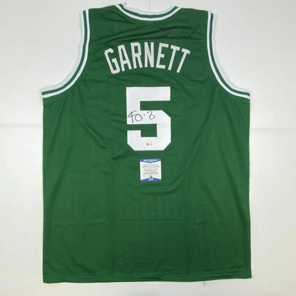 Green mesh custom basketball jersey with white lettering garnett 5 autographed for professional sports league fans