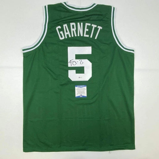 Green mesh custom basketball jersey with white lettering garnett 5 autographed for professional sports league fans