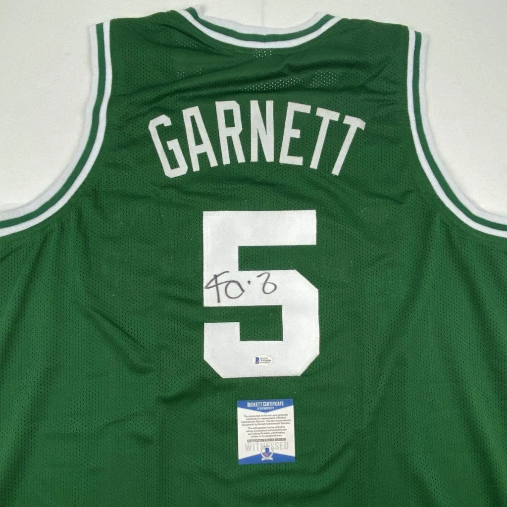 Green mesh custom basketball jersey with white lettering garnett and signature number 5 for professional sports league