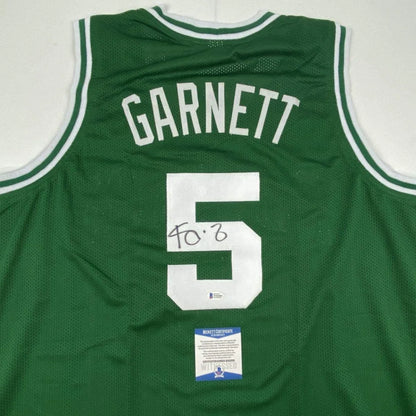 Green mesh custom basketball jersey with white lettering garnett and signature number 5 for professional sports league