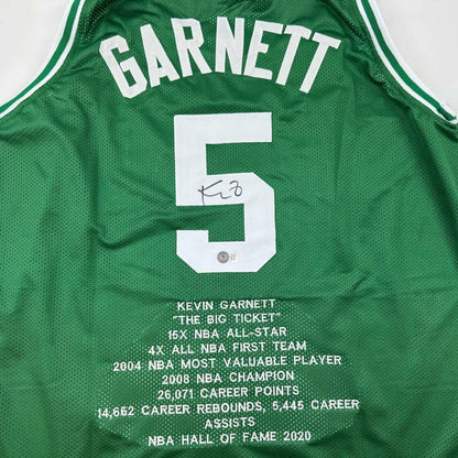 Green custom jersey with GARNETT 5 signed by Kevin Garnett, pro sports league gear