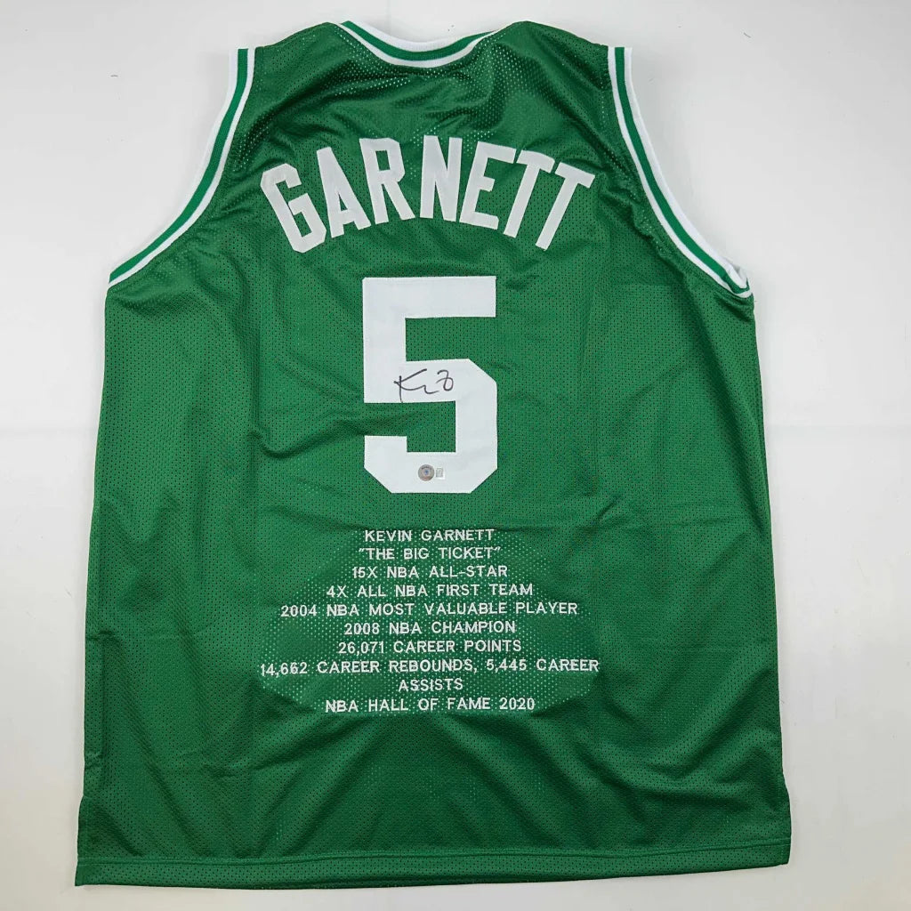 Green Kevin Garnett Boston Celtics custom jersey with career stats for sports league fans