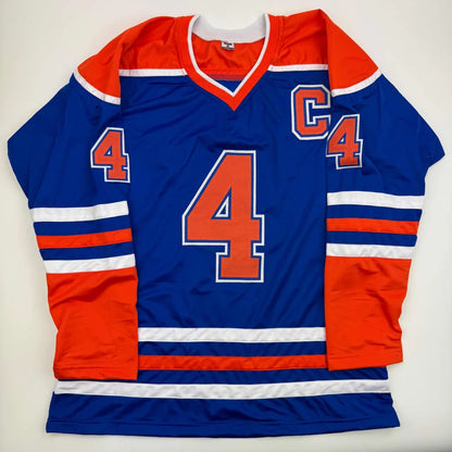 Blue and orange custom jersey with number 4 for sports league fans