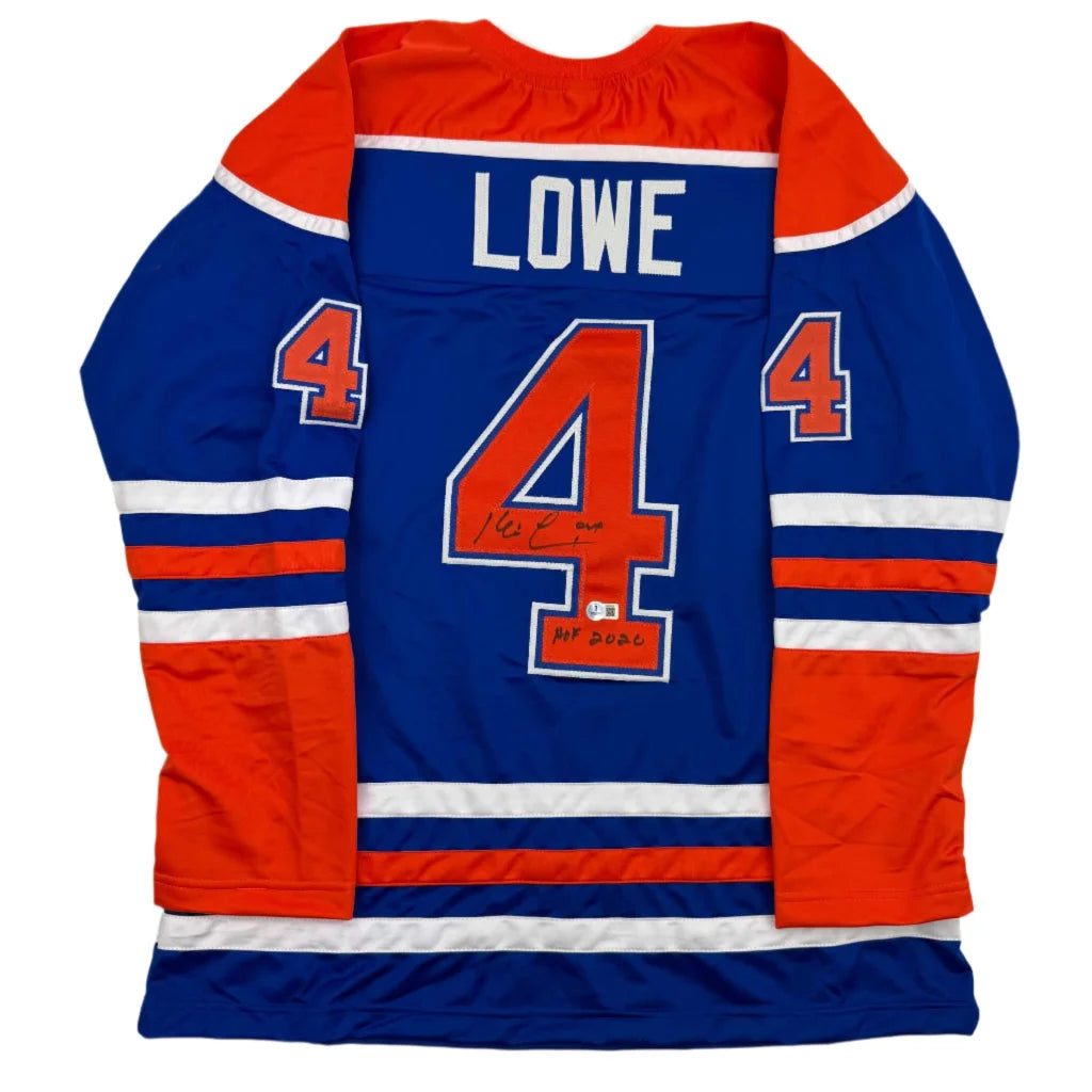 Signed blue and orange custom jersey with Lowe Number 4 from a pro sports league