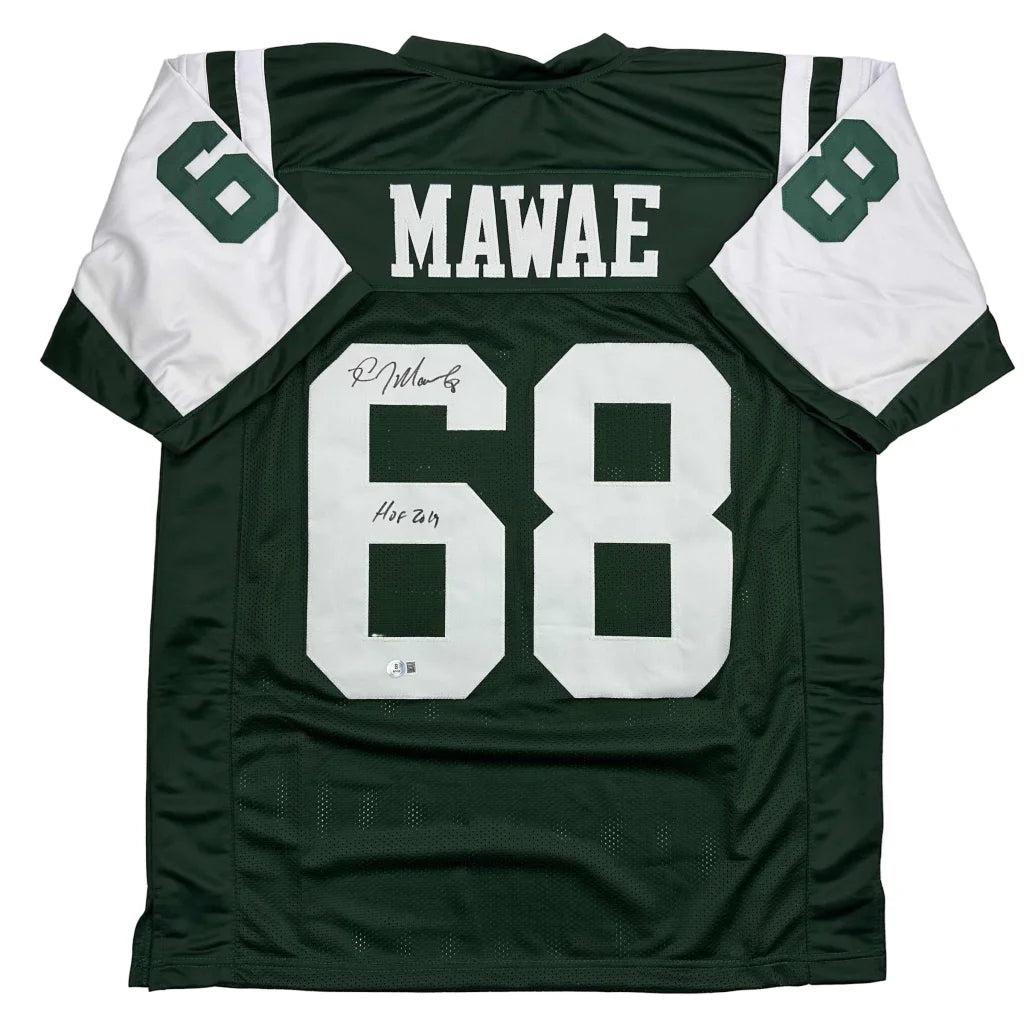 Autographed/Signed Kevin Mawae HOF 2019 New York Green Football Jersey Beckett BAS COA