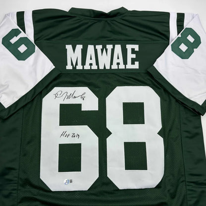 Autographed/Signed Kevin Mawae HOF 2019 New York Green Football Jersey Beckett BAS COA