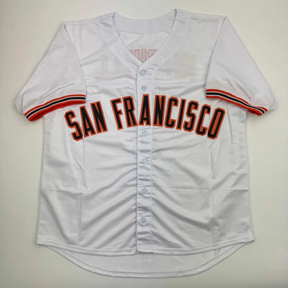 White san francisco baseball jersey with bold black and orange letters and red black striped cuffs custom jersey for professional sports league