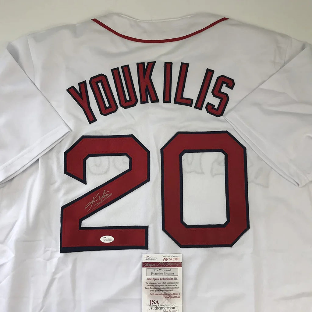 Autographed Kevin Youkilis white custom jersey back, Youkilis 20, JSA COA
