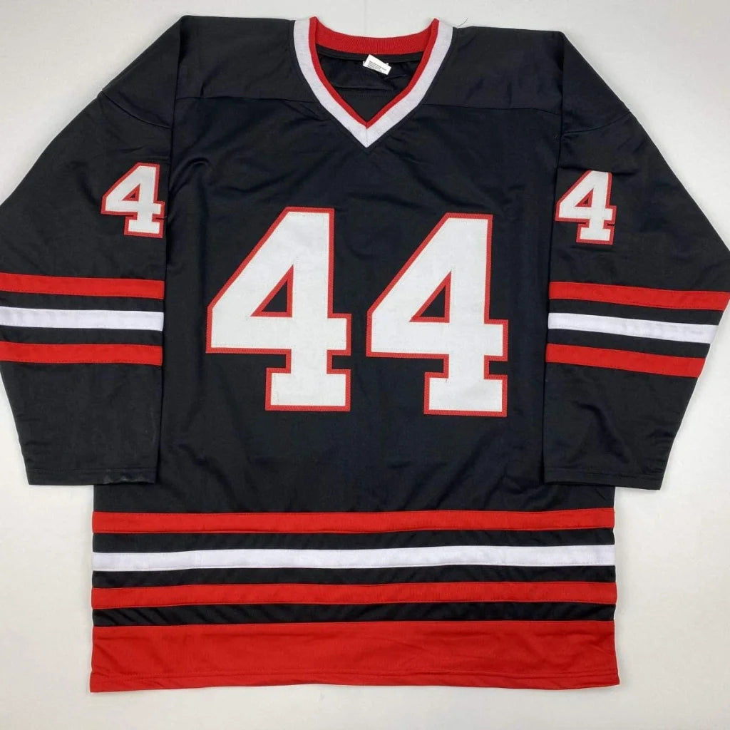 Black hockey jersey with red and white trim, Timonen 44 custom jersey for sports league fans