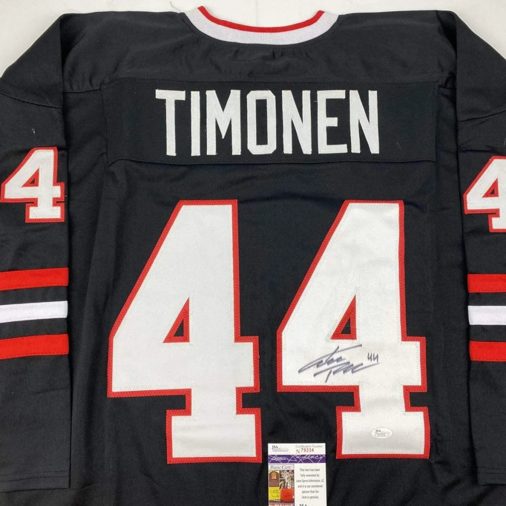 Autographed Kimmo Timonen Chicago Black Hockey Jersey JSA COA | Certified Authentic Signed Memorabilia | vintageantiquesgifts.com