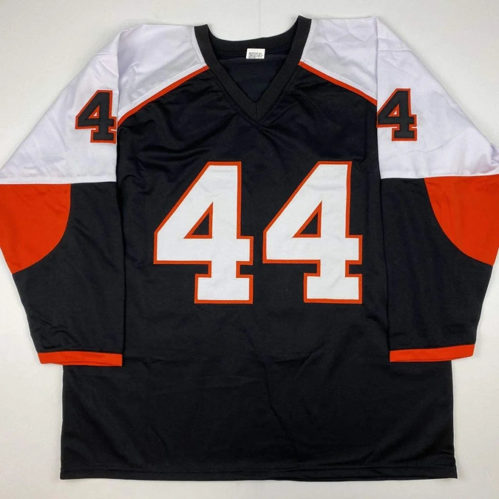 Black white and orange custom hockey jersey with number 44 from Timonen signed for professional sports league