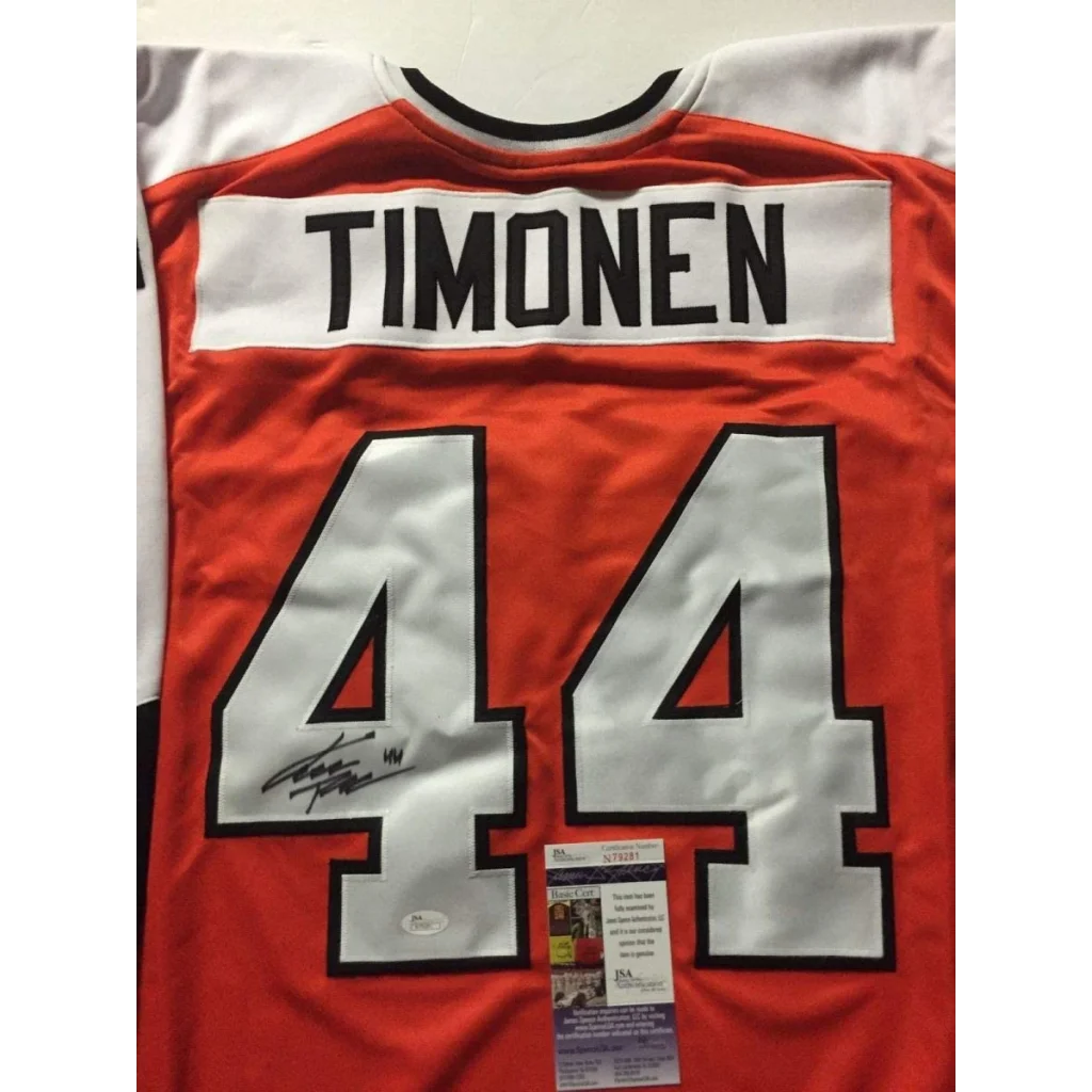 Autographed Kimmo Timonen Philadelphia Orange Hockey Jersey JSA COA | Certified Authentic Signed Memorabilia | vintageantiquesgifts.com