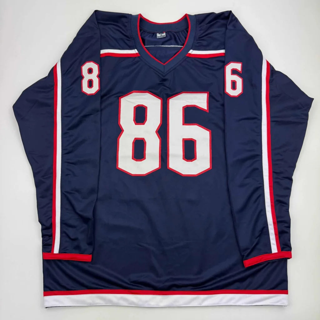 Autographed Kirill Marchenko Columbus Blue Jackets custom jersey, professional sports league, navy blue with white and red numerals, v-neck, long sleeves