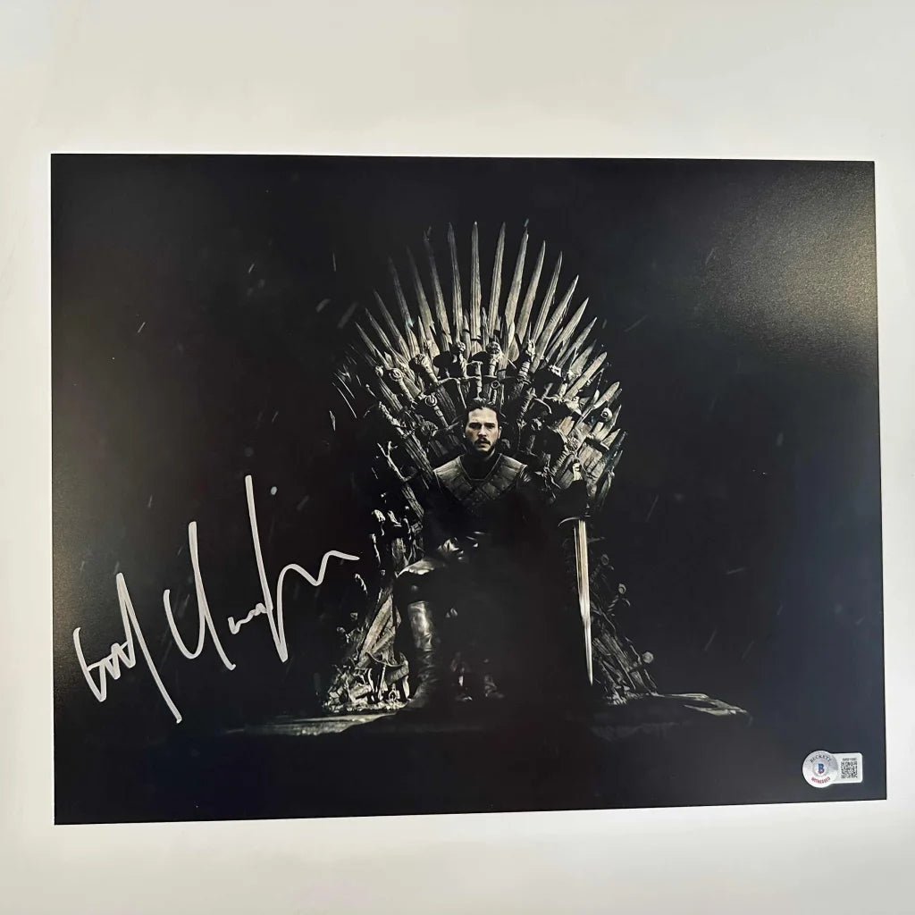 Signed black-and-white Tyrion Lannister on Iron Throne photo by Kit Harington