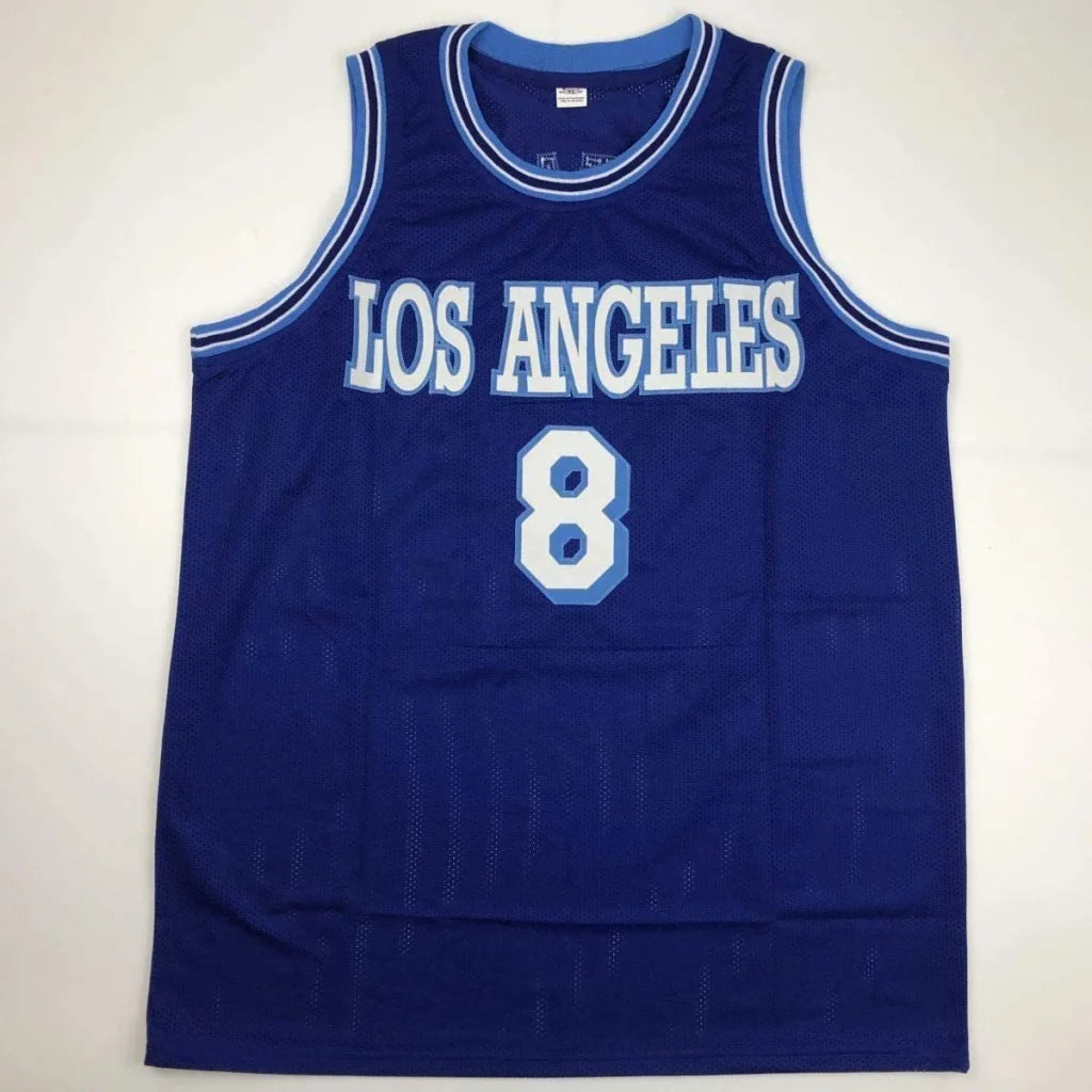 Blue basketball jersey with white and light blue trim from Authentic Kobe Bryant custom jersey in professional sports league