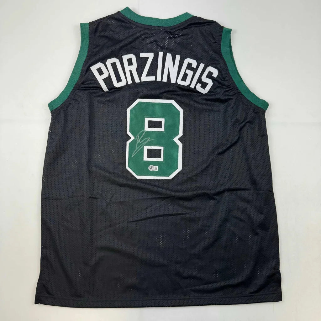 Autographed Kristaps Porzingis custom Boston black basketball jersey with green trim and number 8