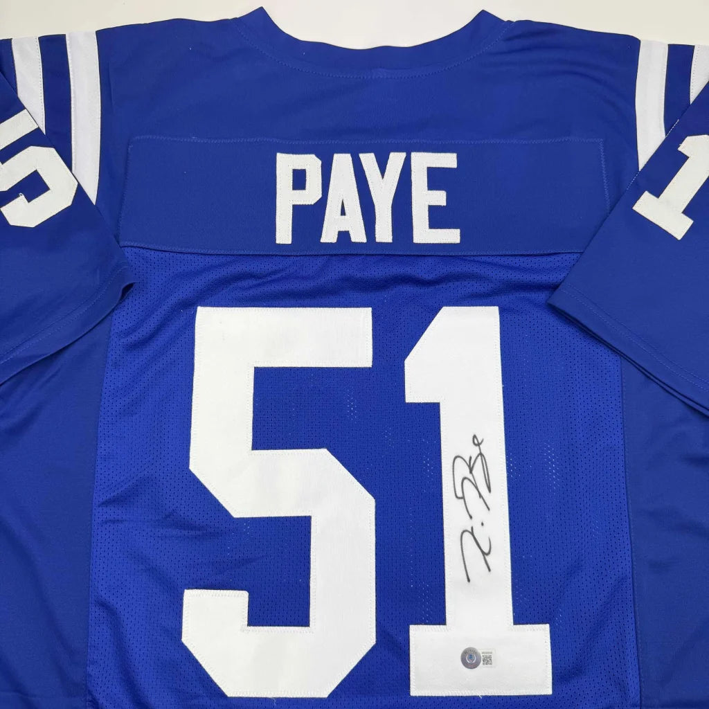Autographed Kwity Paye Indianapolis Blue Football Jersey Beckett BAS COA | Certified Authentic Signed Memorabilia | vintageantiquesgifts.com