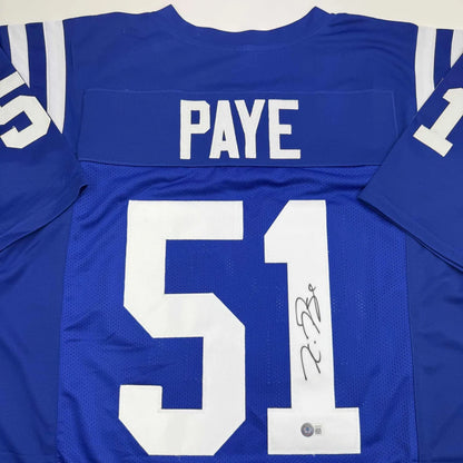 Autographed Kwity Paye Indianapolis Blue Football Jersey Beckett BAS COA | Certified Authentic Signed Memorabilia | vintageantiquesgifts.com