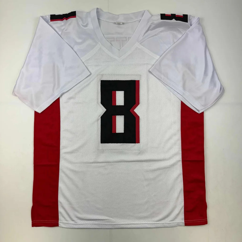 Autographed kyle pitts atlanta white football custom jersey with red side panels and black number eight for professional sports league