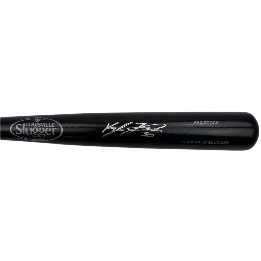 Black Louisville Slugger baseball bat with silver Beckett certified signature