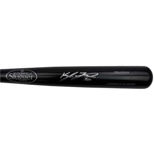 Black Louisville Slugger baseball bat with silver Beckett certified signature