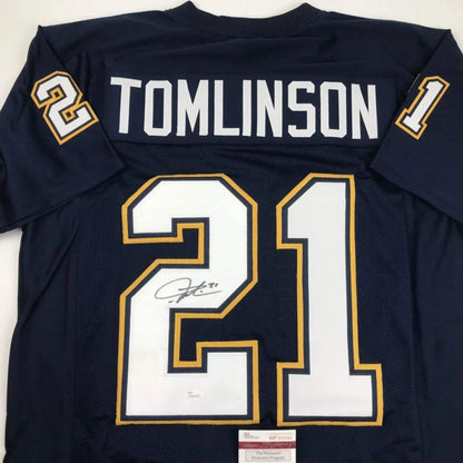 Back of autographed LaDainian Tomlinson navy custom jersey number 21 JSA COA