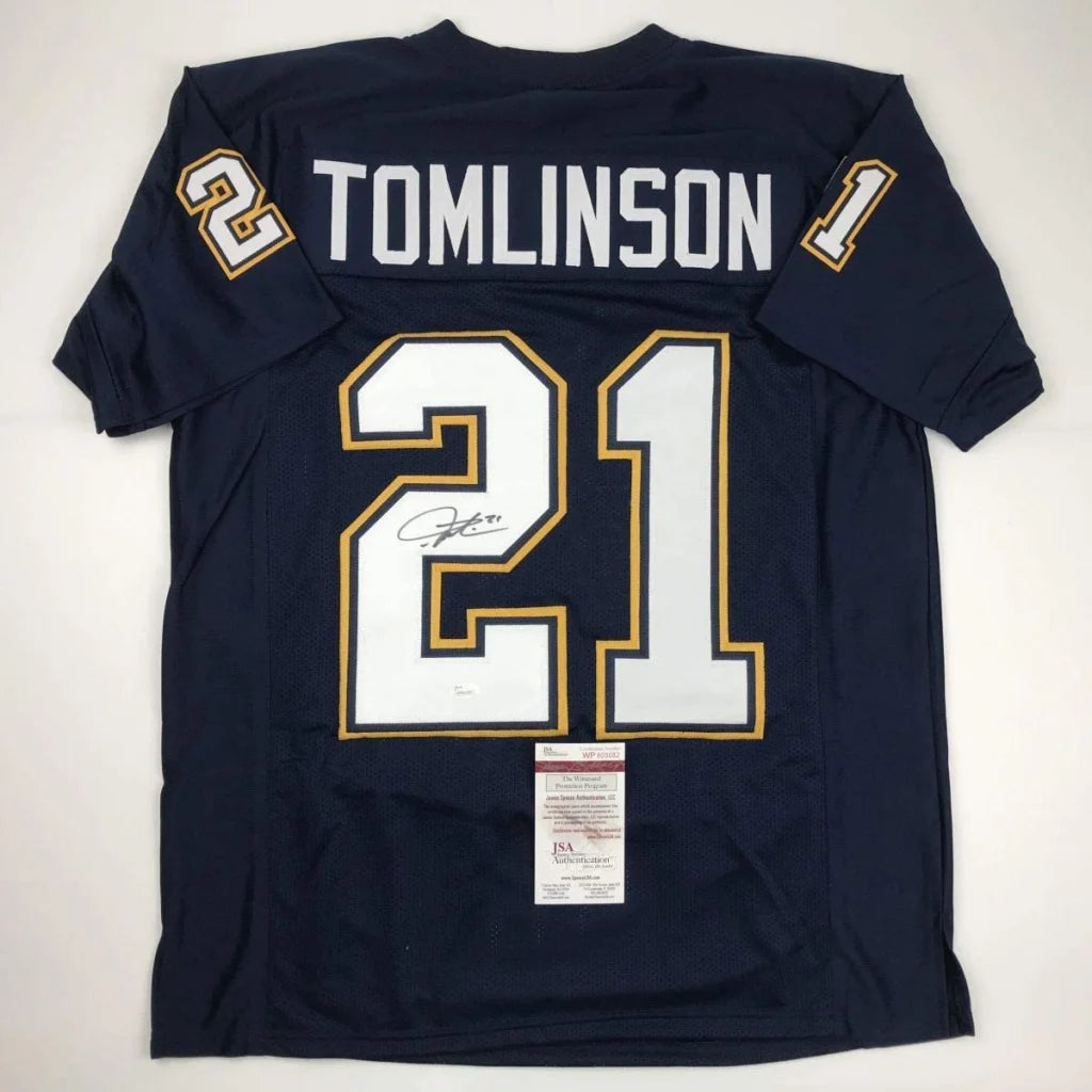 Autographed LaDainian Tomlinson navy custom jersey number 21 back, JSA COA