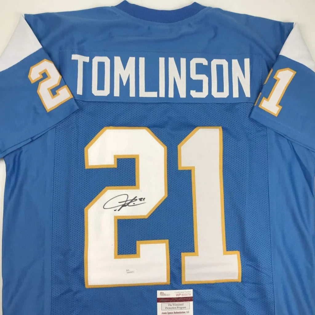 Autographed LaDainian Tomlinson powder blue custom jersey back, number 21, JSA COA