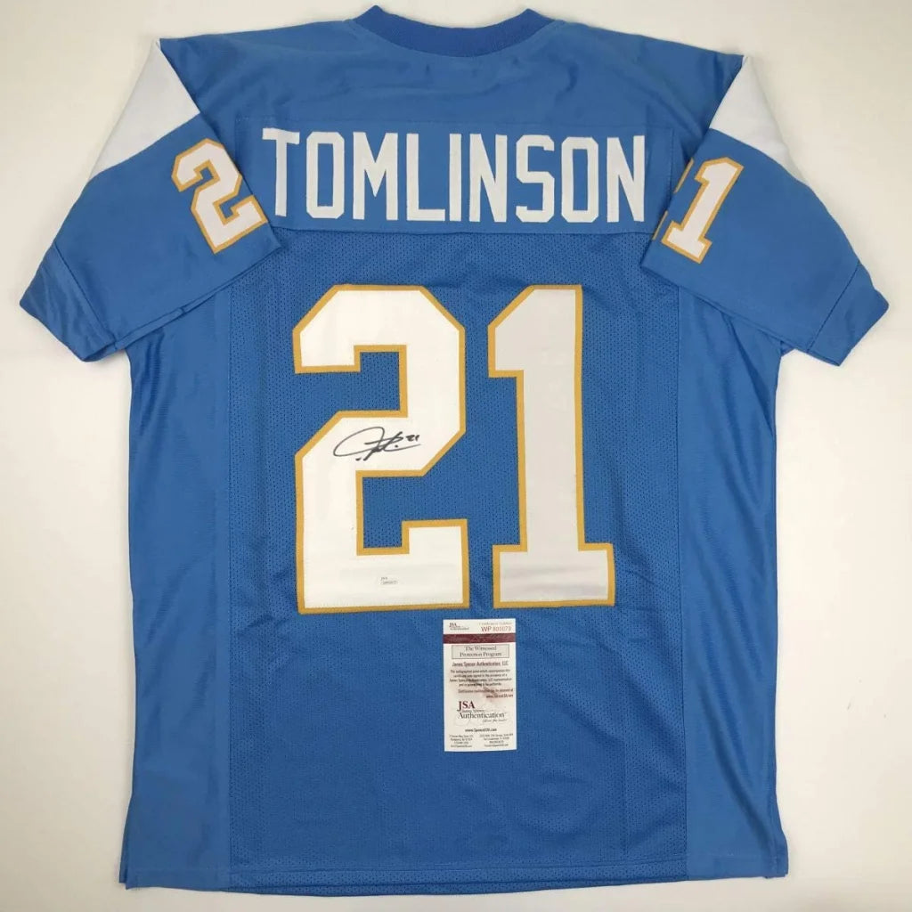 Autographed LaDainian Tomlinson powder blue custom jersey, back view, number 21